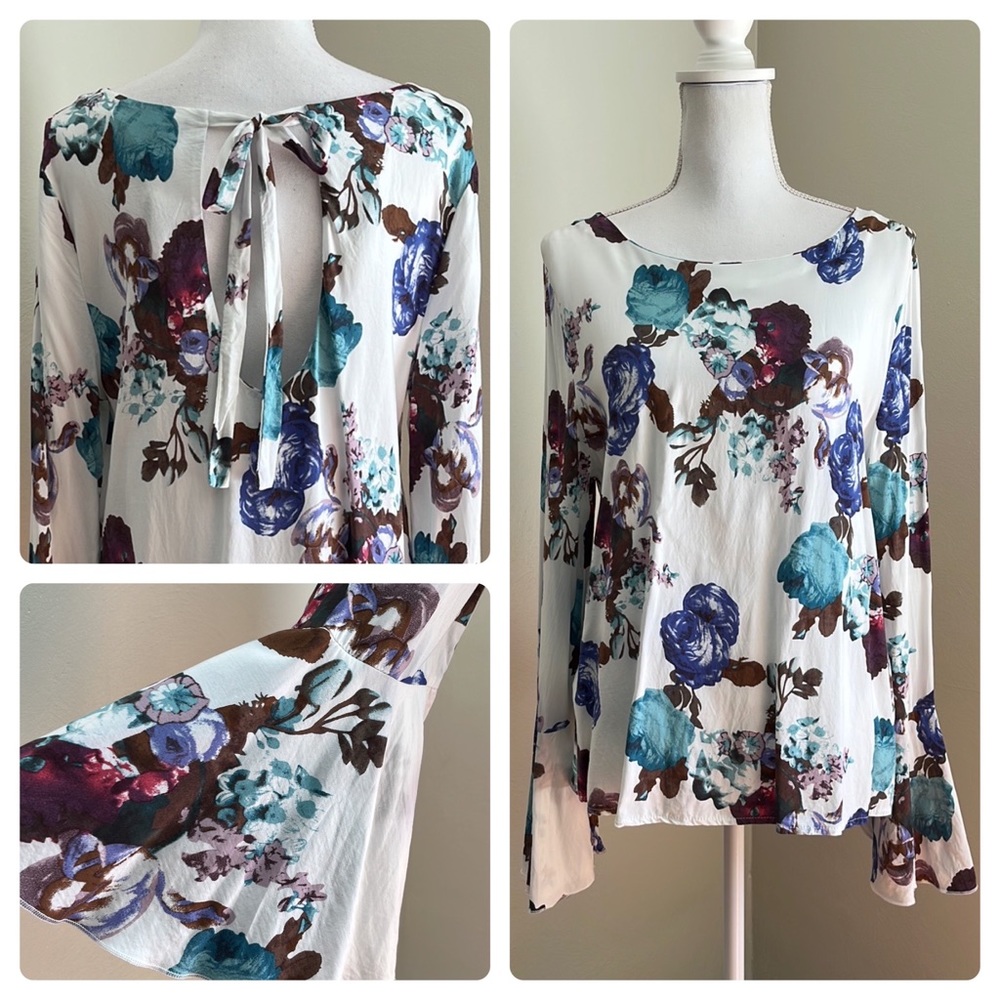 BEBE Romantic Floral Bell Sleeve Blouse with Back Cutout